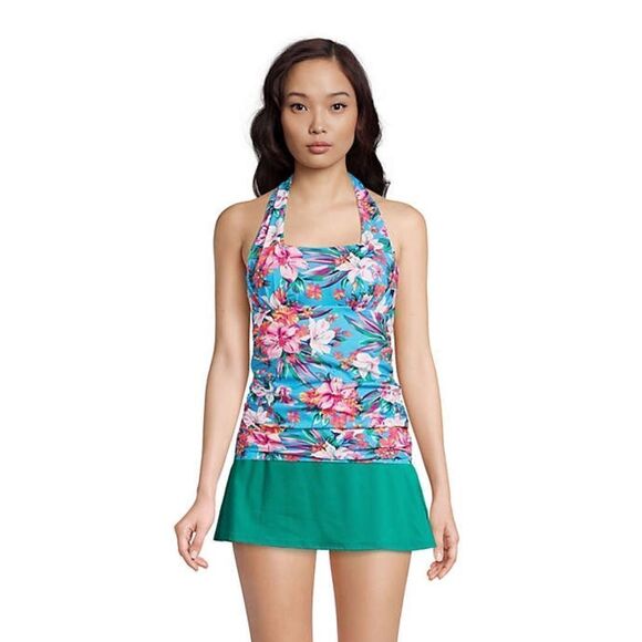 New Land’s End Plus size soft cup halter tankini Turquoise Lily Palm Print 26W - Picture 4 of 5
